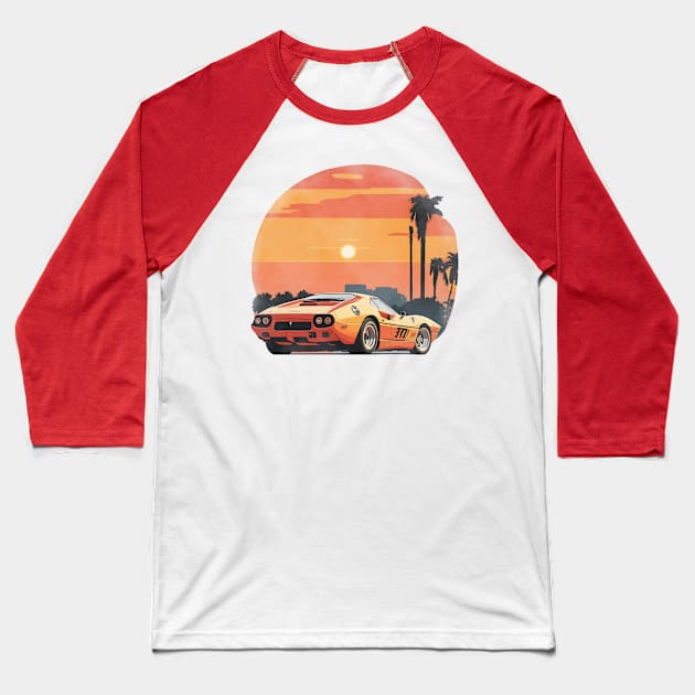 Vintage Summer Ferrari GTO Beach Sunset sports car Baseball T-Shirt by 8 Fists of Tees